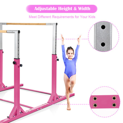 Close up of the adjustable height mechanism on the pink parallel bar