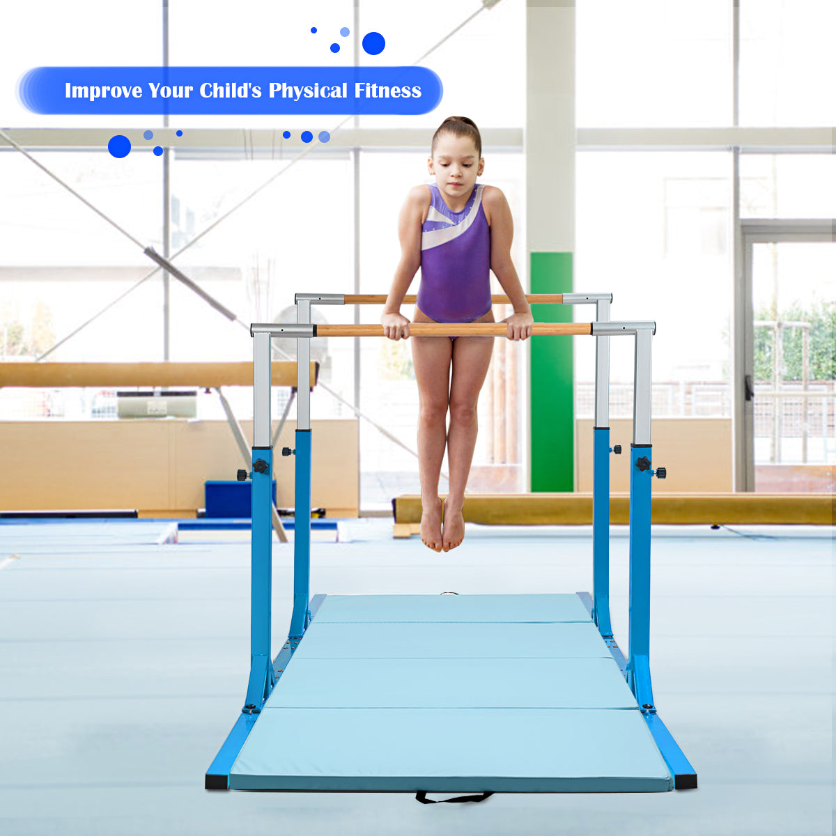 A young girl uses the blue gymnastics bar in a gym setting