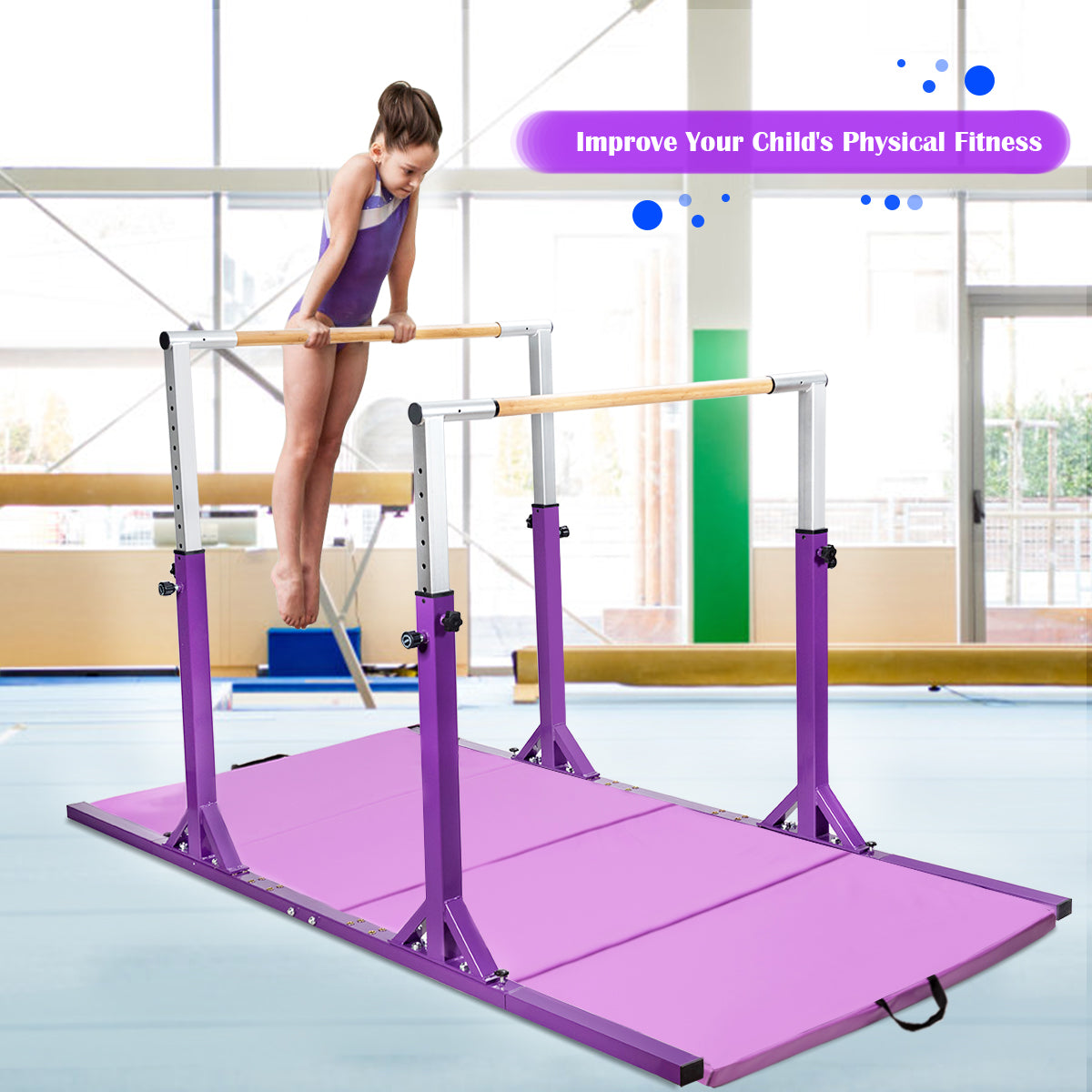 Child practising gymnastics on the purple parallel bar in a gym setting