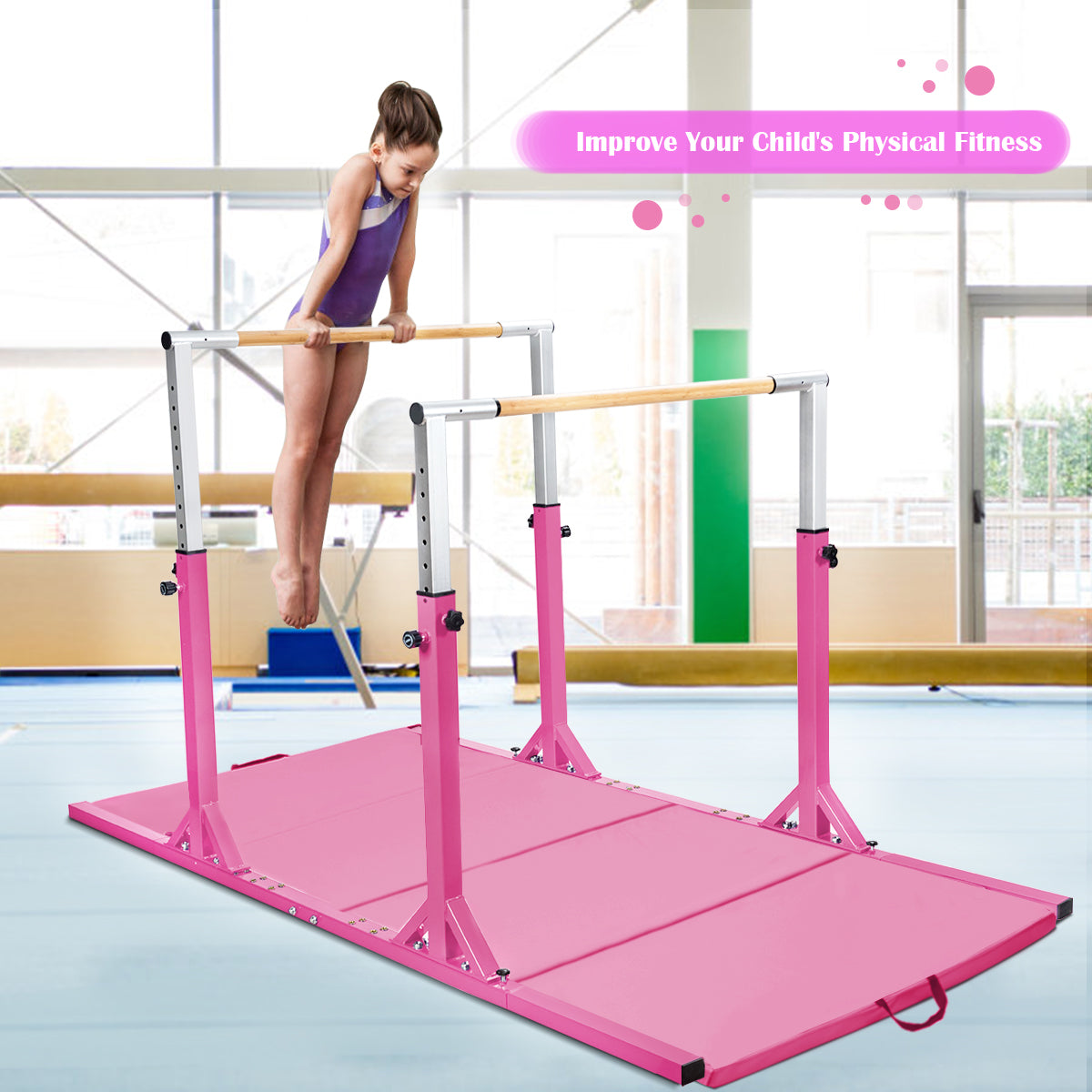 Child using the pink parallel bar on a mat in a gym setting
