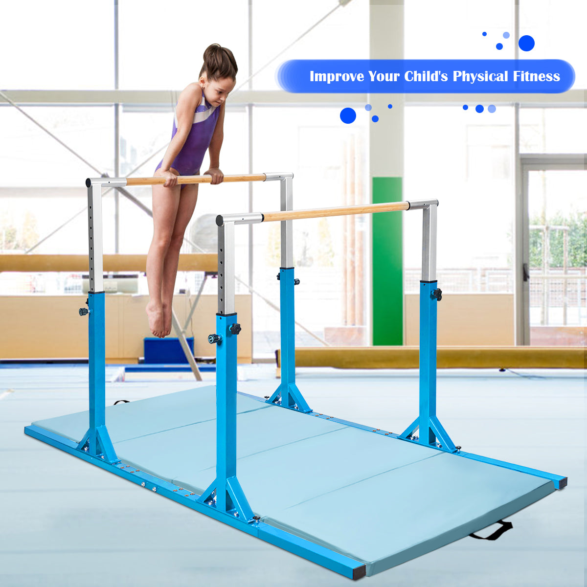 The blue parallel gymnastics bar is set up with a mat in a gym