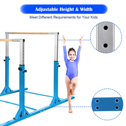 Close-up of the adjustable height mechanism on the blue parallel gymnastics bar