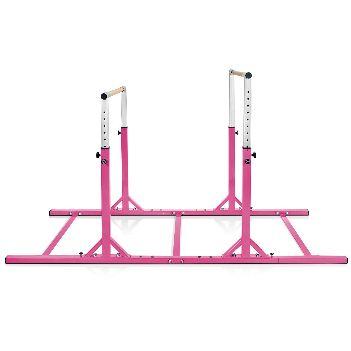 The pink parallel gymnastics bar shown from a low angle