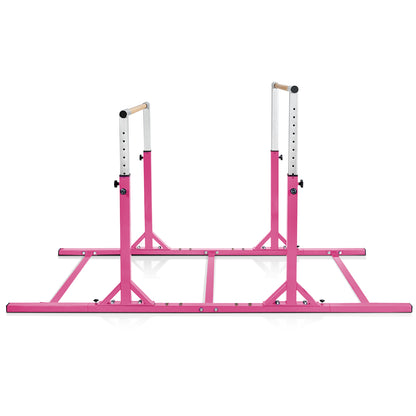 The pink parallel gymnastics bar shown from a low angle