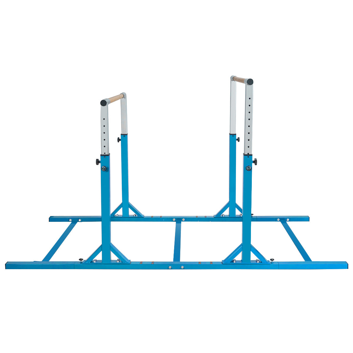 The blue parallel gymnastics bar shown from the back