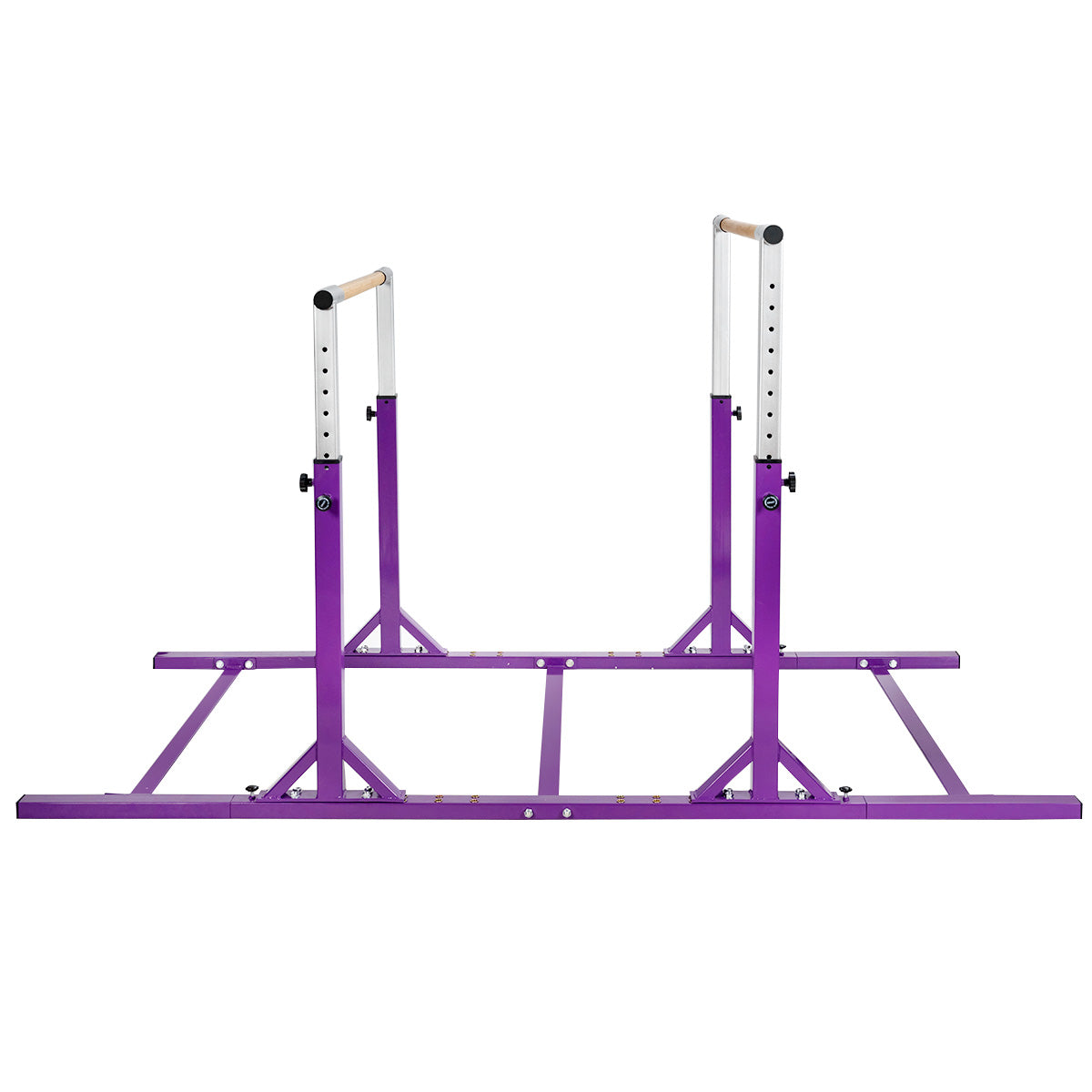 Purple kids parallel gymnastics bar from a side angle
