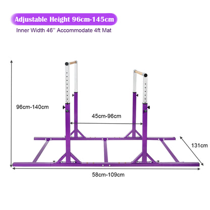 Diagram showing dimensions of the purple kids parallel gymnastics bar