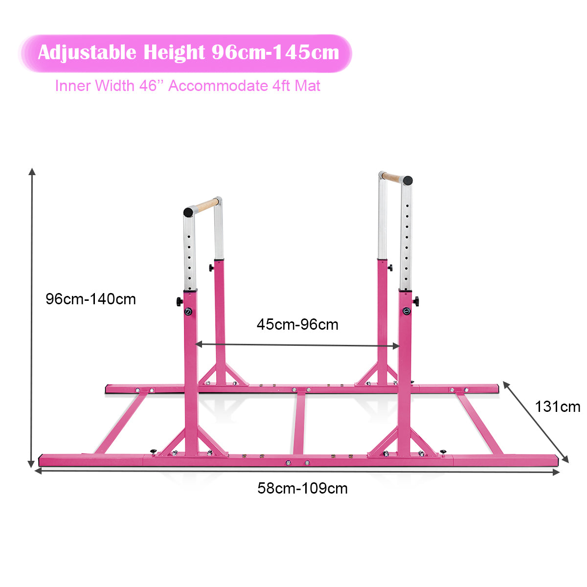 Diagram showing the dimensions of the pink parallel gymnastics bar