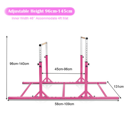 Diagram showing the dimensions of the pink parallel gymnastics bar