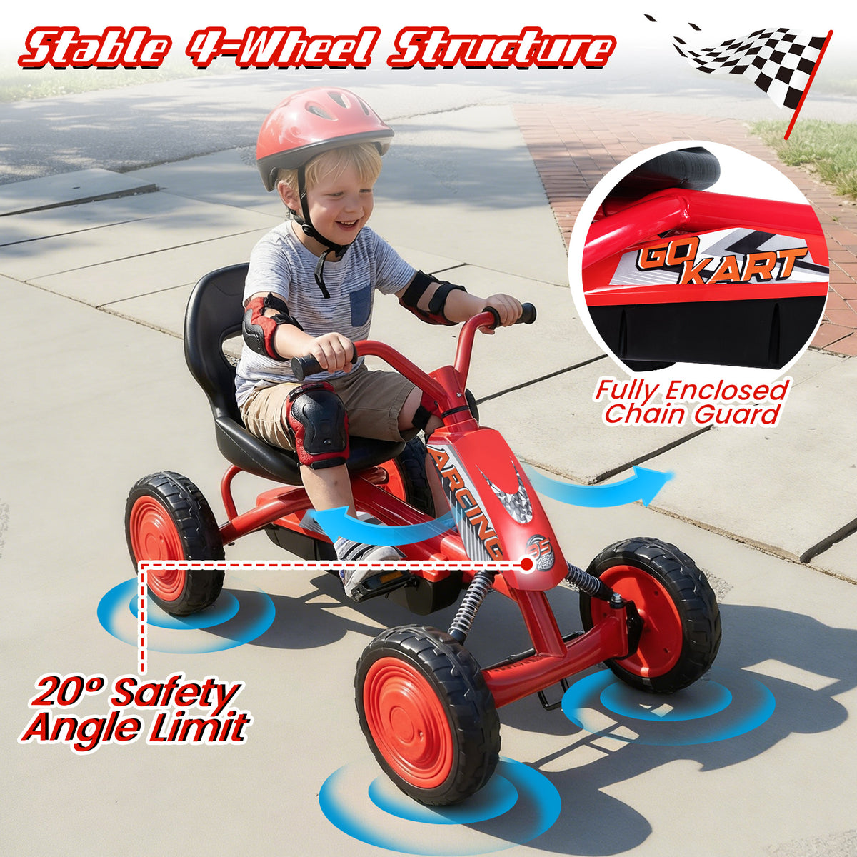 Diagram showing the stable 4-wheel structure and safety features of the pedal go kart