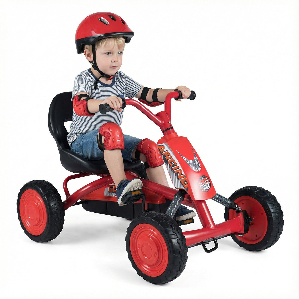 Kids Pedal Go Kart 4 Wheel with a child wearing a helmet and pads