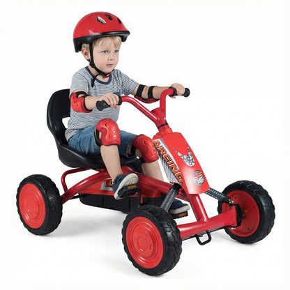 Kids Pedal Go Kart 4 Wheel with a child wearing a helmet and pads