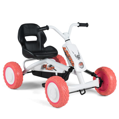 Kids Pedal Go Kart 4 Wheel with a white frame and pink wheels