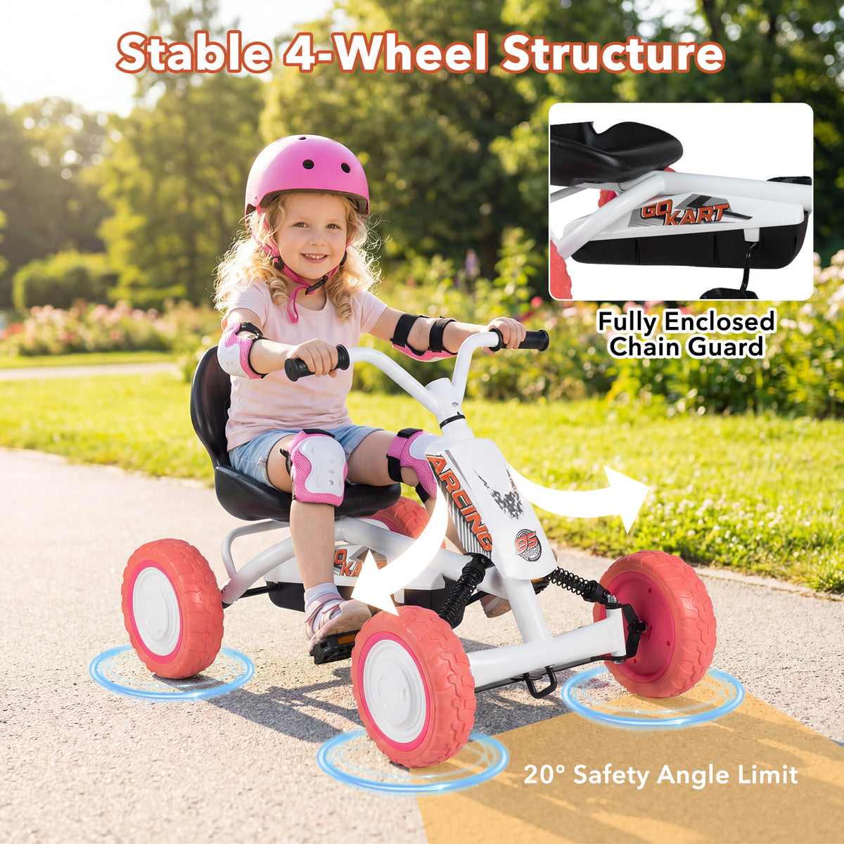 A girl rides the white pedal go kart, showing its stable 4-wheel structure