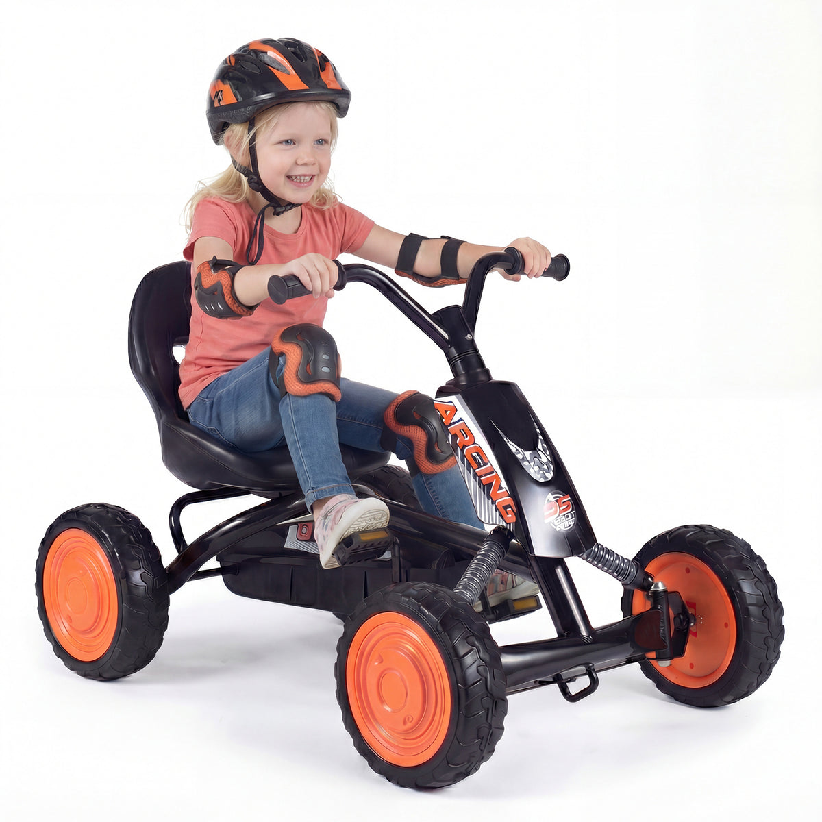 Kids Pedal Go Kart 4 Wheel with a child wearing a helmet and protective pads riding it
