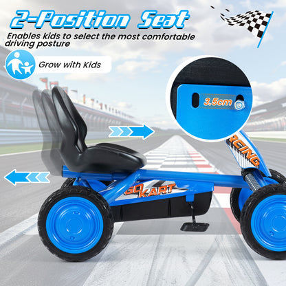 The pedal ride on toy highlighting the adjustable seat position with a close up of the bolt