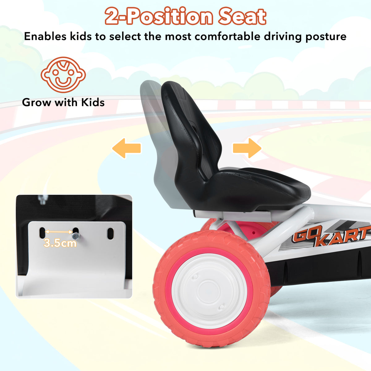 Close-up of the adjustable seat on the pedal go kart
