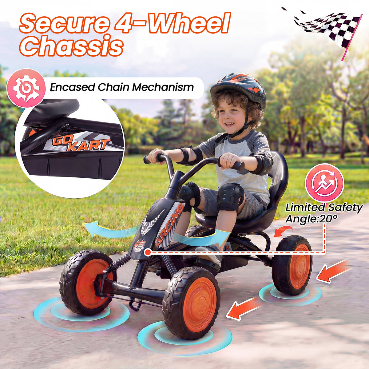 A child riding the push and pedal ride on toy with text about secure 4-wheel steering