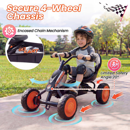 A child riding the push and pedal ride on toy with text about secure 4-wheel steering