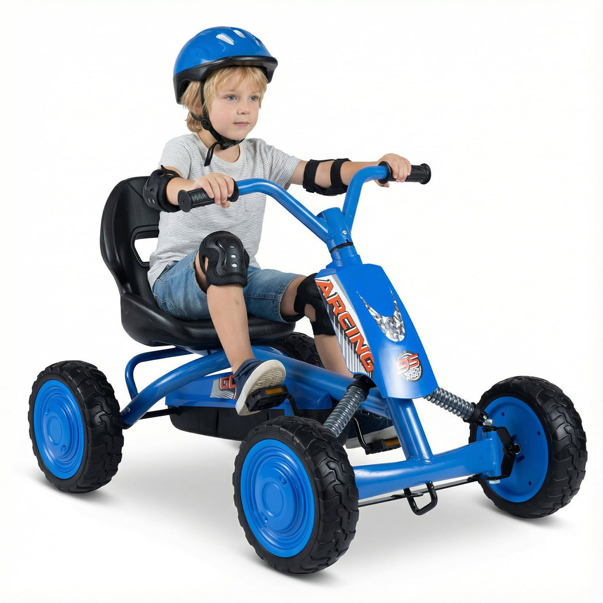 Kids Pedal Go Kart 4 Wheel with a young boy wearing a helmet and pads sitting on the blue frame