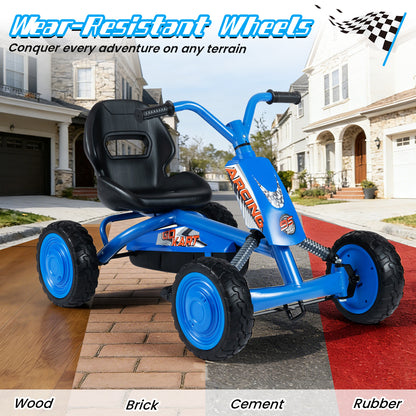 The pedal ride on toy shown over different floor surfaces to demonstrate wheel durability