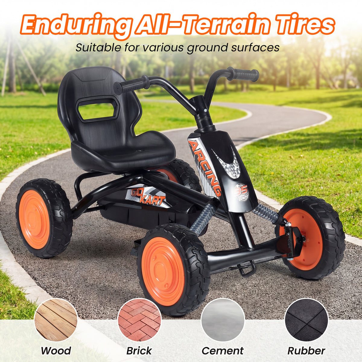 The push and pedal ride on toy with text about enduring all-terrain tires
