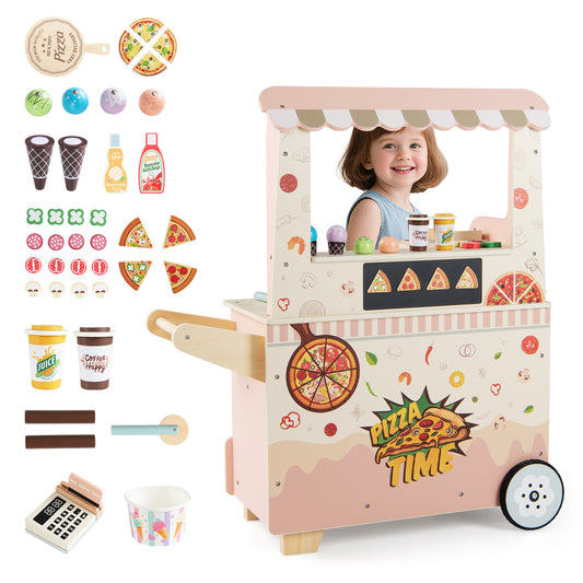 Kids Pizza Food Truck Wooden Pretend Play Snack Cart with oven in pink, with accessories laid out