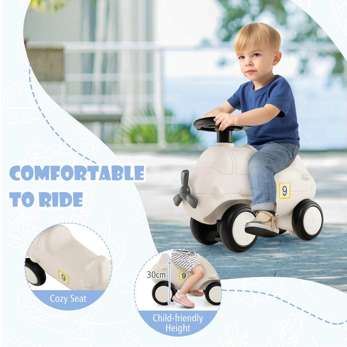 The push and pedal ride on toy with close-up circles highlighting the seat and height