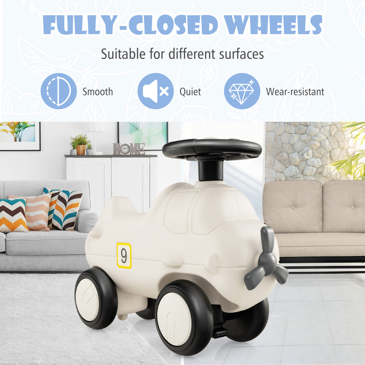 The push and pedal ride on toy placed in a modern living room with a sofa and soft furnishings