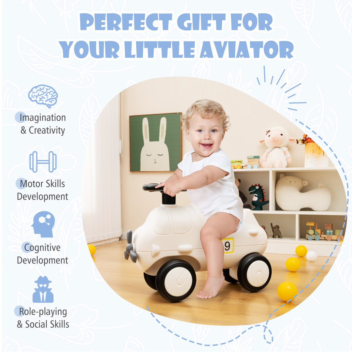 A toddler playing on the push and pedal ride on toy in a nursery with educational benefits listed
