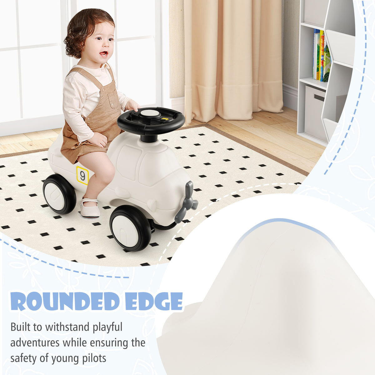 A child sitting on the push and pedal ride on toy with a close-up of the smooth rounded edges