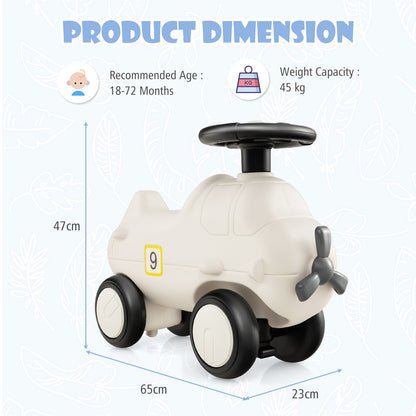 The push and pedal ride on toy shown with height and length dimensions on a light blue background