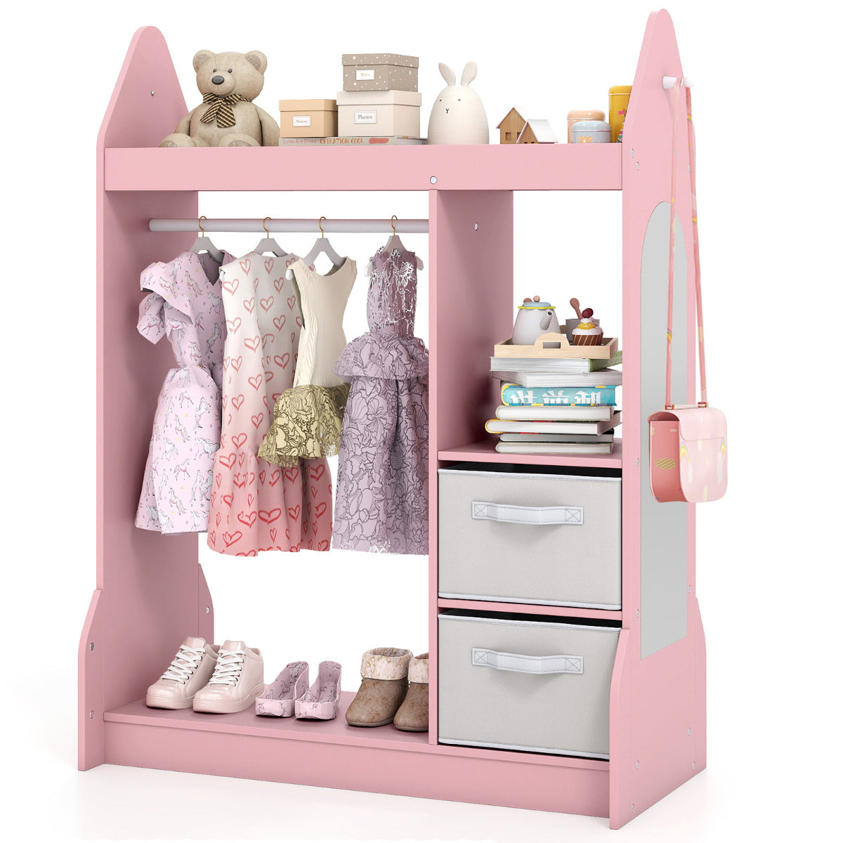 Pink kids play armoire dresser filled with clothes, shoes, books and accessories
