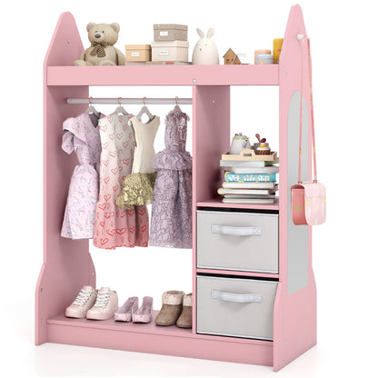 Pink kids play armoire dresser filled with clothes, shoes, books and accessories