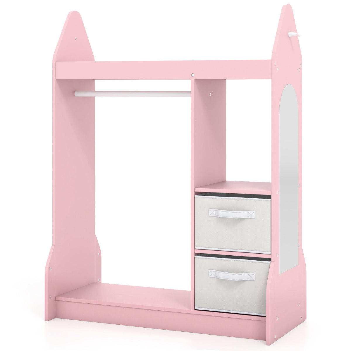 Kids Play Armoire Dresser with Acrylic Mirror Cloth Hanger in pink, a wardrobe with a hanging rail and two fabric storage