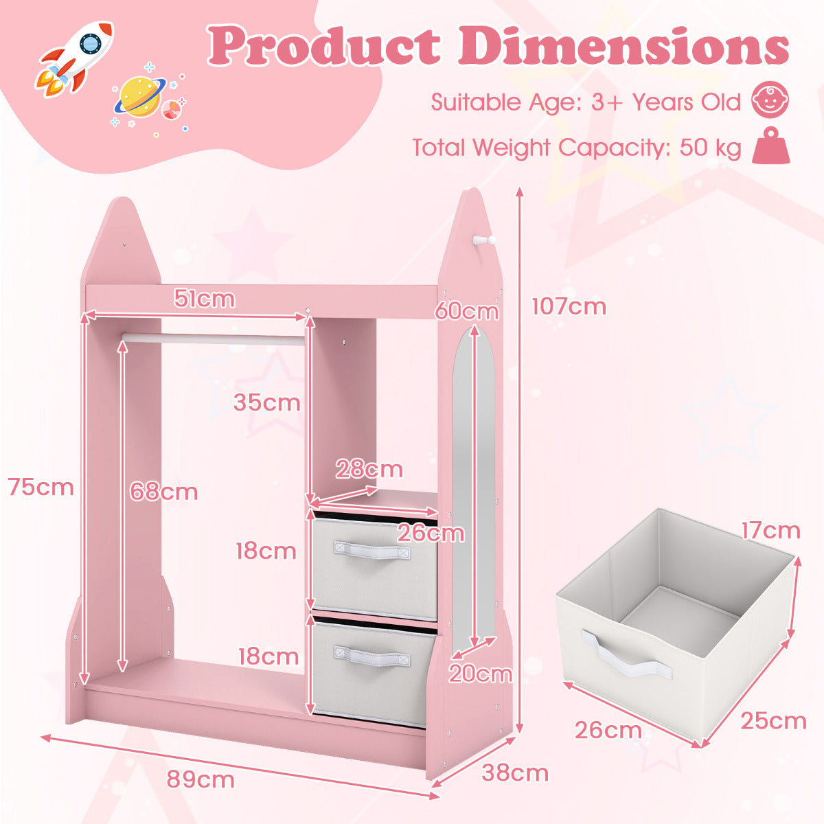 Diagram showing the dimensions of the pink kids play armoire dresser and its storage bins