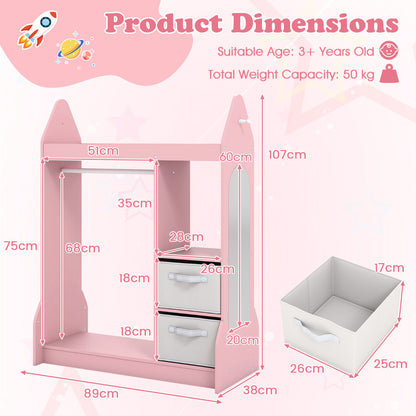 Diagram showing the dimensions of the pink kids play armoire dresser and its storage bins