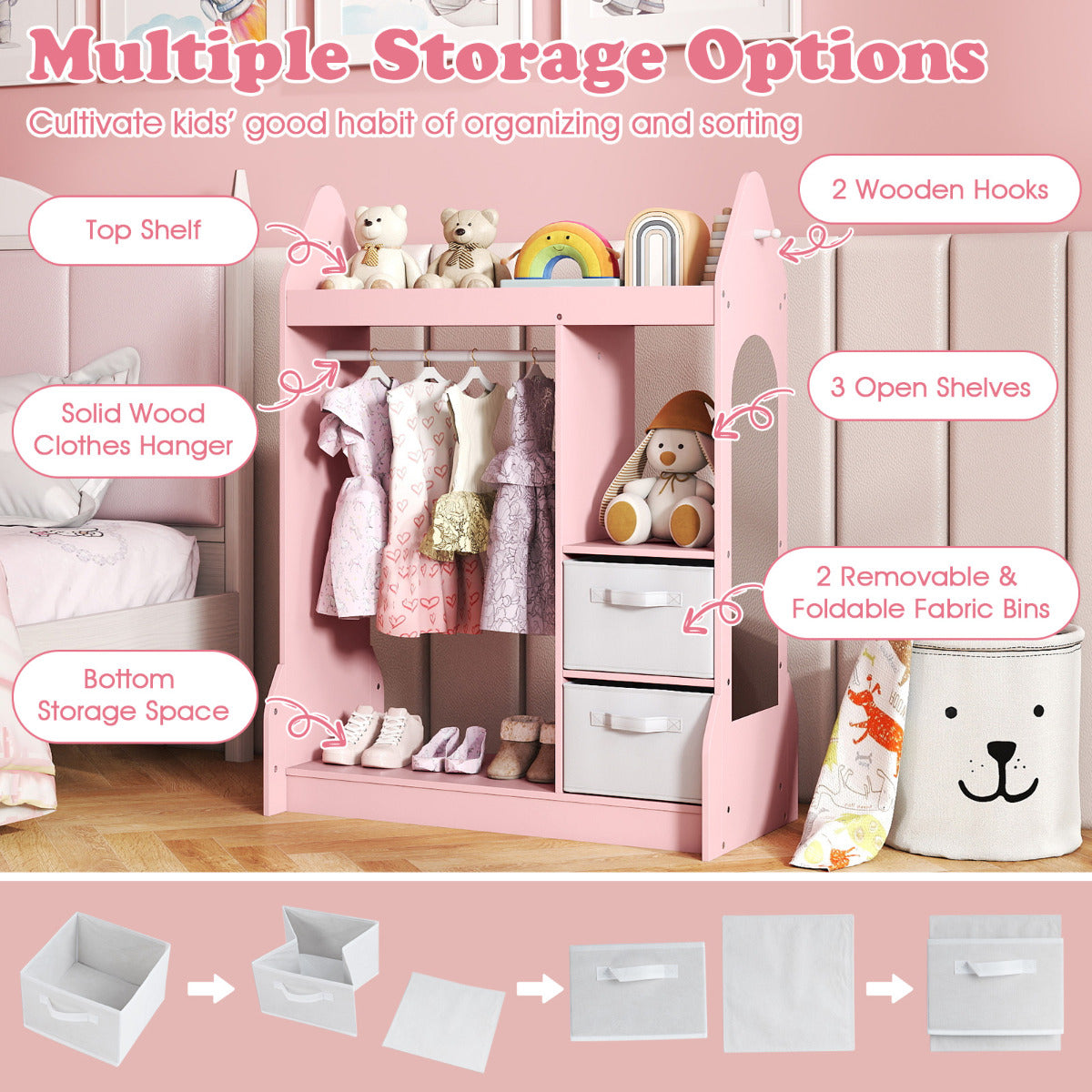Collage showing the pink kids play armoire dresser and its various storage options and parts