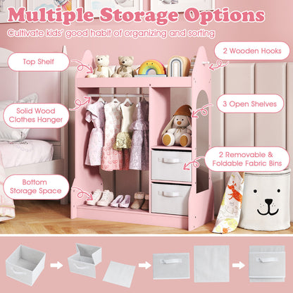Collage showing the pink kids play armoire dresser and its various storage options and parts