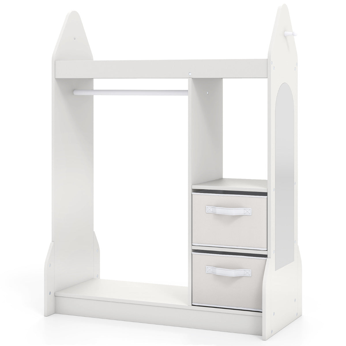 Kids Play Armoire Dresser with Acrylic Mirror Cloth Hanger, a white wooden unit with a hanging rail, two drawers and a mirror