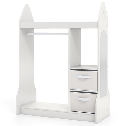 Kids Play Armoire Dresser with Acrylic Mirror Cloth Hanger, a white wooden unit with a hanging rail, two drawers and a mirror