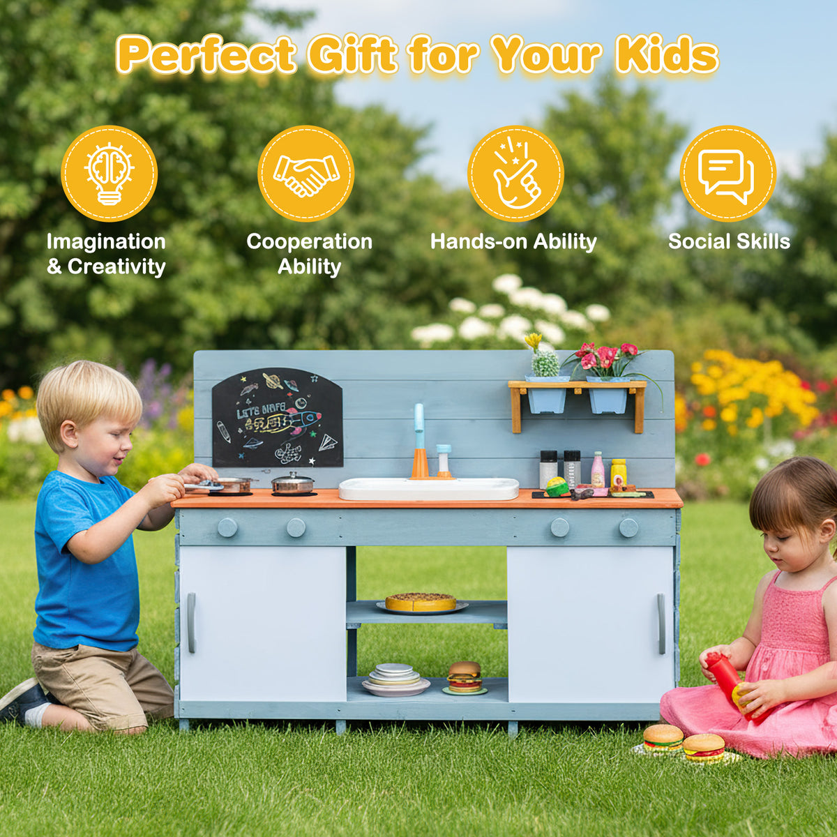The play kitchen set with two children playing and icons showing developmental benefits