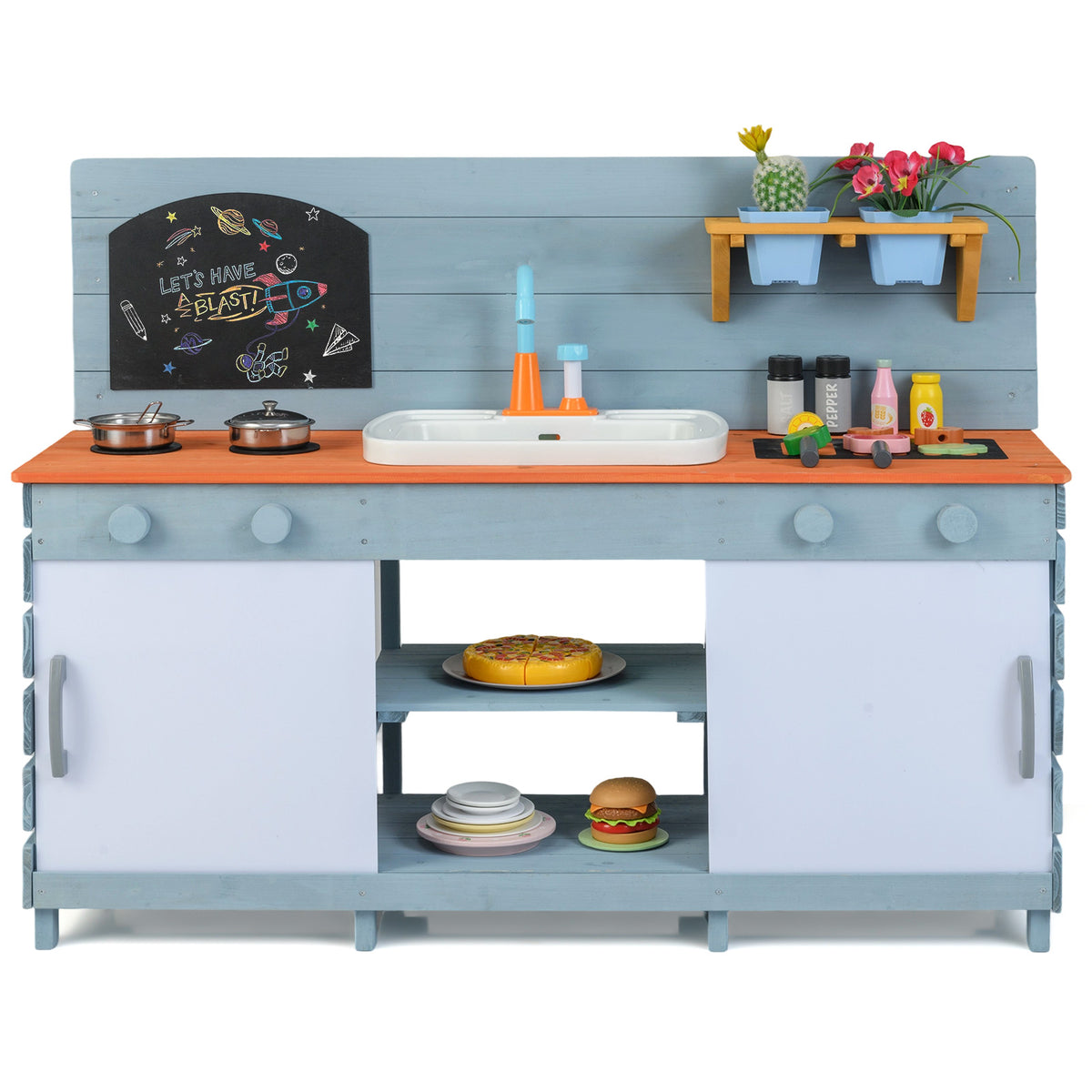 The play kitchen set showing the chalkboard and accessories on the counter