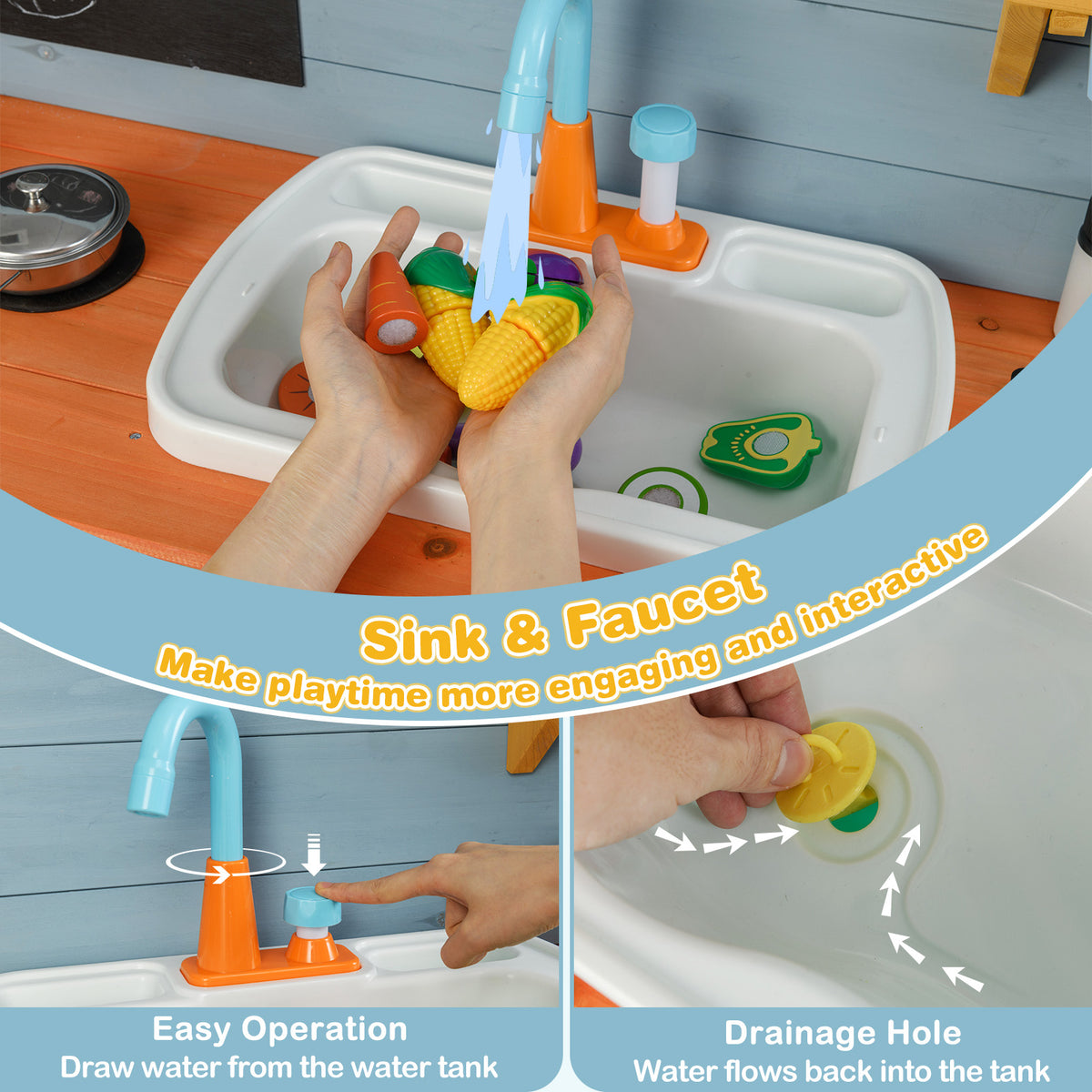 The play kitchen set showing close-ups of the faucet and the sink drainage system