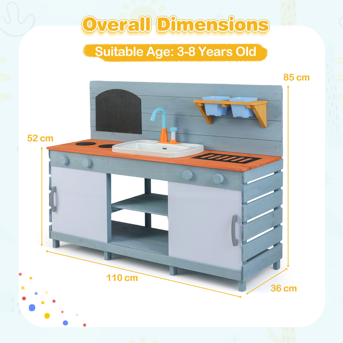 The play kitchen set with labels showing the height width and depth dimensions