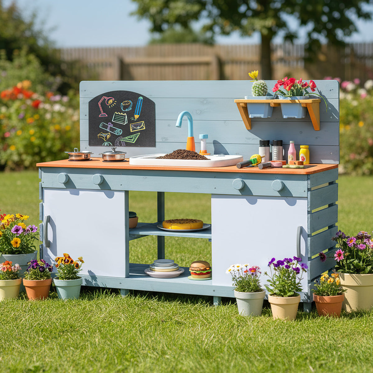The play kitchen set placed on a green lawn surrounded by colourful flowers