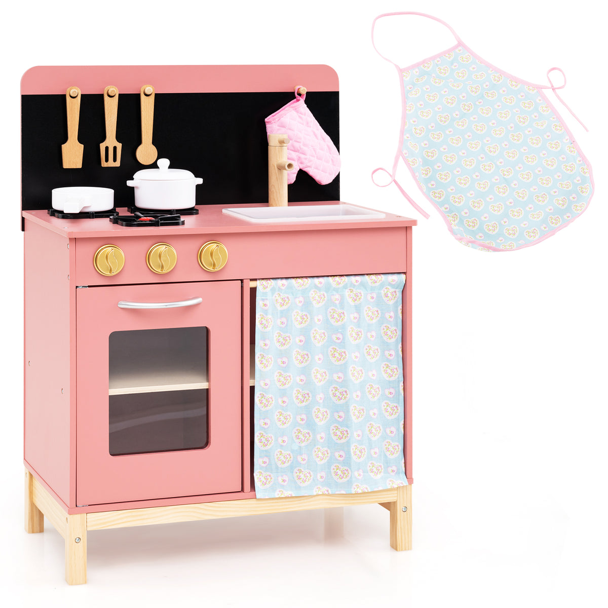 Pink play kitchen set with an apron laid out beside it