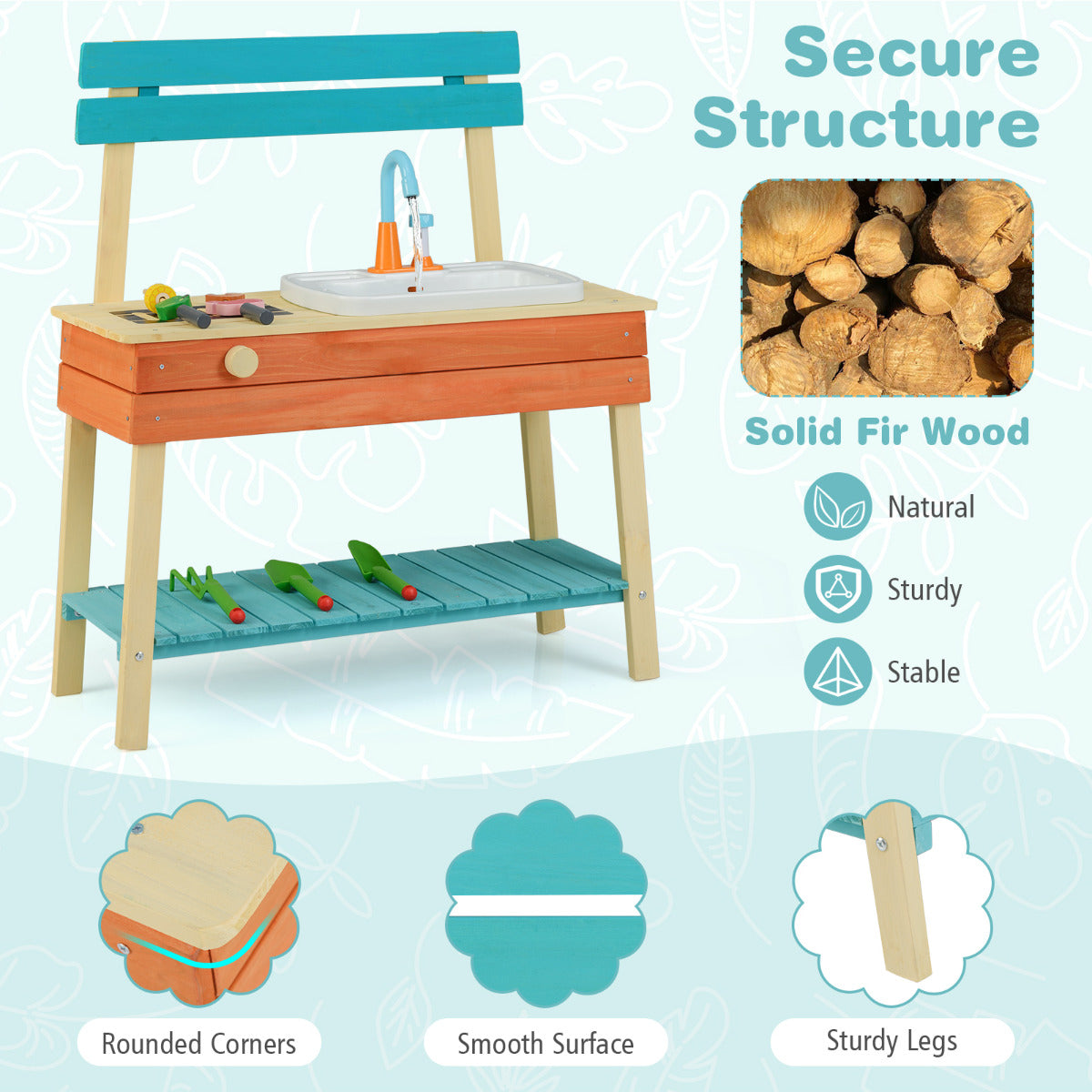 Close up of the play kitchen set showing rounded corners and sturdy legs