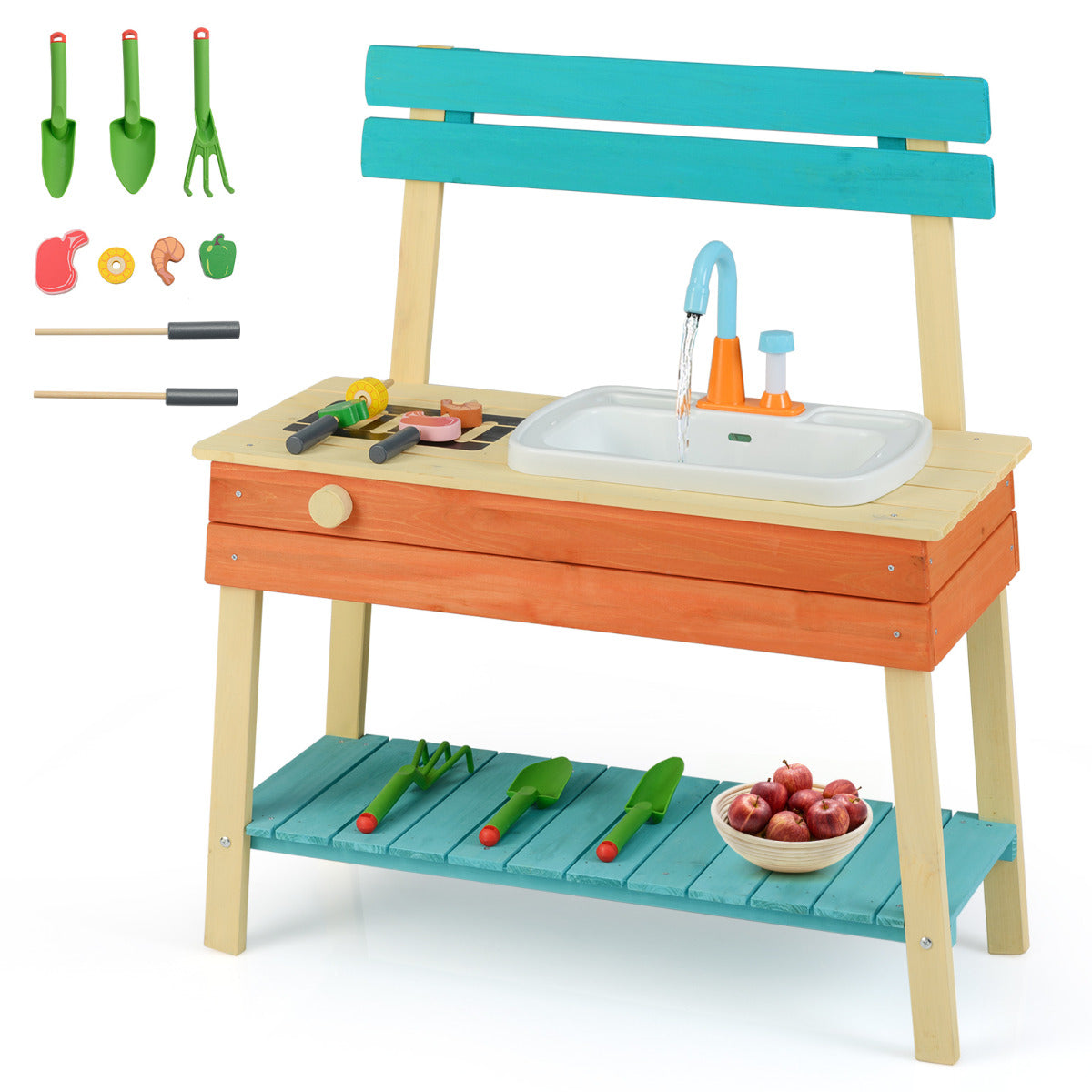 Kids Play Kitchen Set wooden kitchen playset with cooking and gardening accessories in blue