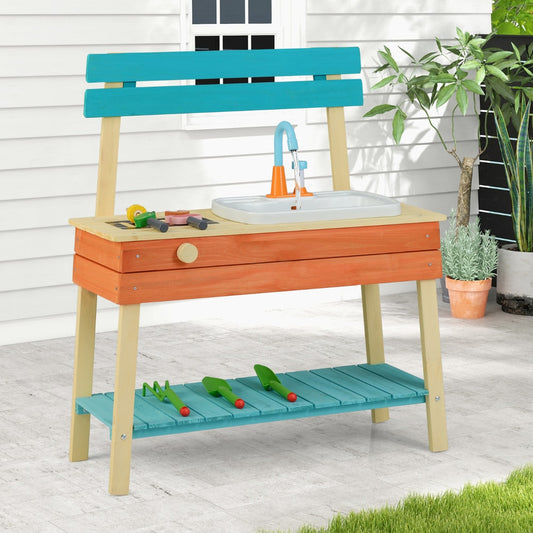 The play kitchen set with a sink and cooking accessories on a shelf